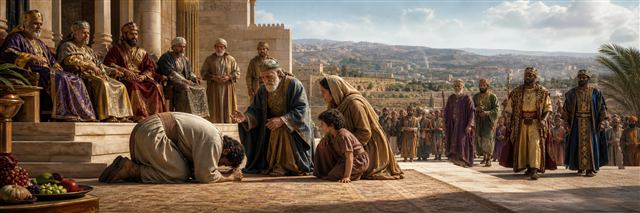 A kneeling petitioner gives thanks while elders help his family and foreign kings enter the courtyard