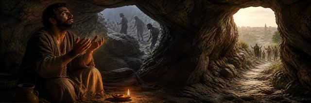 A hunted man prays inside a cave as pursuers pass and friends approach along a sunlit path