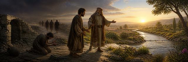 An elder leads a weary petitioner from ruined darkness toward sunrise, water, and a level road