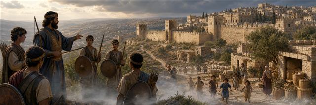 A king trains young defenders outside Jerusalem while children, flocks, and full granaries flourish within