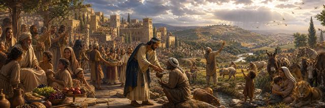 A serving ruler feeds the hungry as families lift the fallen across a flourishing Jerusalem landscape