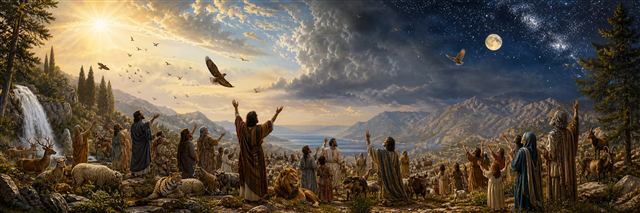 People and animals across mountains and sea raise joyful attention beneath sun, moon, stars, and storms