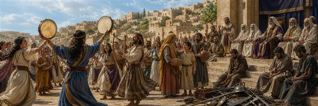 Musicians and dancers rejoice before elders as subdued rulers sit beside peacefully surrendered weapons