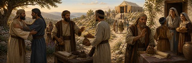 Pilgrims reconcile, reject bribery, and welcome neighbors below a sanctuary tent