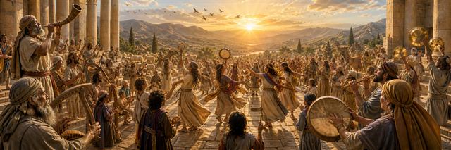 Trumpets, harps, lyres, drums, flutes, cymbals, dancers, families, and animals celebrate at sunrise
