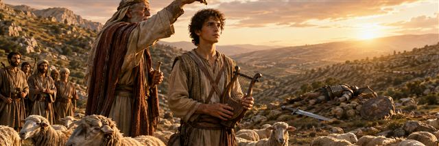 Young David holds a lyre among his sheep as Samuel anoints him, with Goliath's sword in the distance