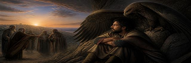 A petitioner rests under an eagle's broad wings while accusers gather at dawn