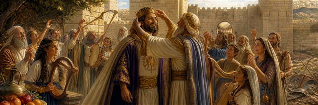 An elder crowns a joyful king as musicians and families celebrate at Jerusalem's gate