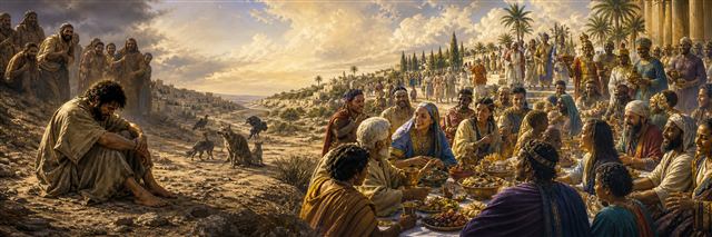 A suffering man sits alone while a diverse crowd gathers at a joyful communal feast
