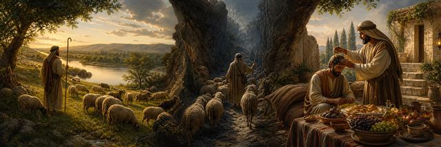 A shepherd leads sheep beside water, through a ravine, and toward an abundant table
