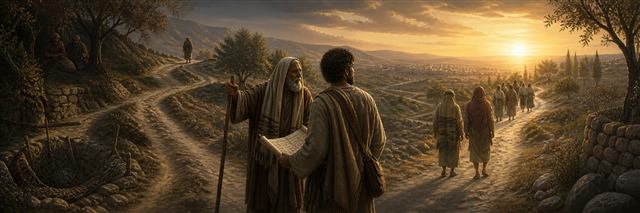 A young traveler consults an elder while pilgrims take a bright road past concealed traps