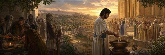 A worshiper washes at a bronze basin while corrupt dealings remain outside a joyful gathering