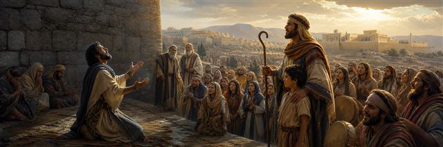 A kneeling psalmist prays by a stone wall as a shepherd leader and musicians gather nearby