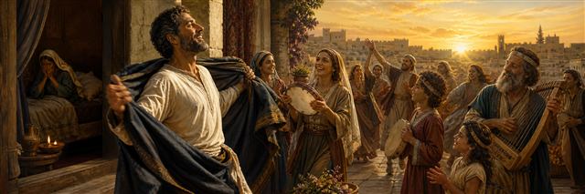 A restored man casts off a mourning garment as family and musicians celebrate at dawn