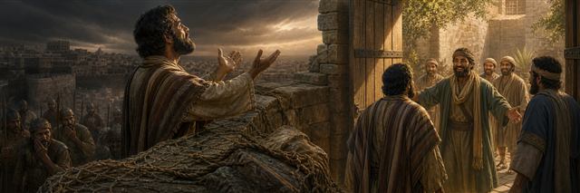 A besieged man prays above enemies and broken nets as friends welcome him into safety