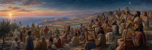 A large assembly plays harps above sea and farmland while horses wait in the distance