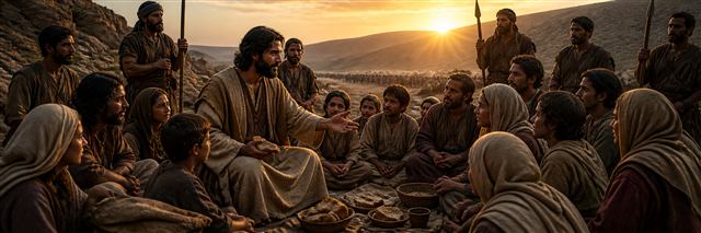 A fugitive gathers poor and fearful people around bread as danger recedes at sunrise