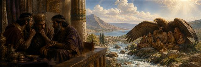 Scheming courtiers whisper while families shelter by a bright river beneath an eagle's wings
