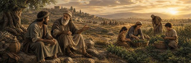 An elder counsels a farmer while a peaceful family works and distant green grass dries