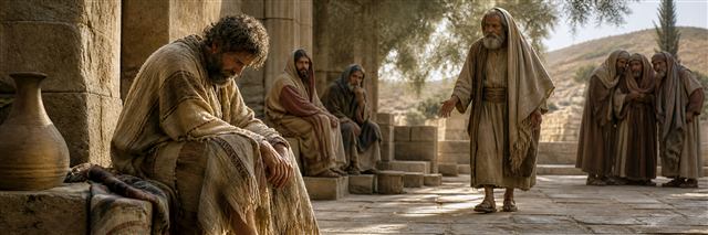A sick remorseful man bows apart from distant friends as an elder approaches to help