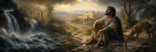 An exile and thirsty deer stand by turbulent water looking toward distant Jerusalem worship
