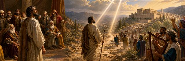 An accused exile follows beams of light toward Jerusalem and waiting harp music