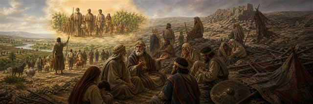 Elders recall a fertile homeland while a defeated community gathers among torn tents and shields