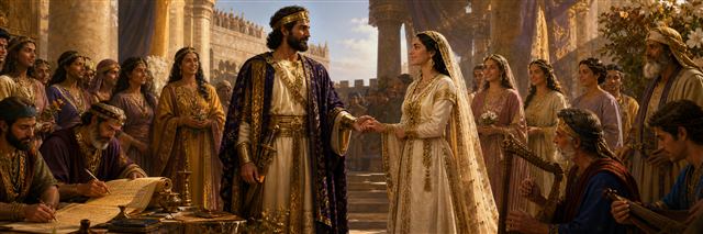A just king welcomes a richly dressed bride at an ancient royal wedding celebration