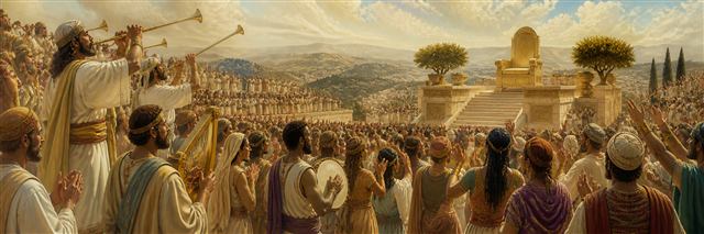 Diverse ancient nations gather with trumpets, harps, and raised hands before an empty throne
