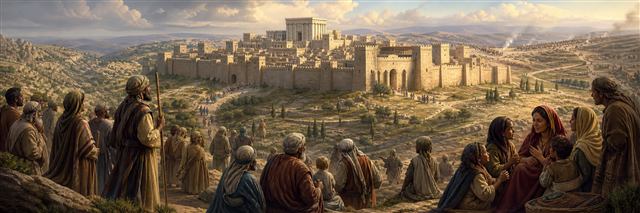 Families and pilgrims study Jerusalem's towers and sanctuary while foreign rulers retreat far away