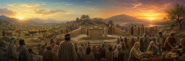 A large assembly gathers near an altar as cattle graze and neighbors share food beneath a vast sky