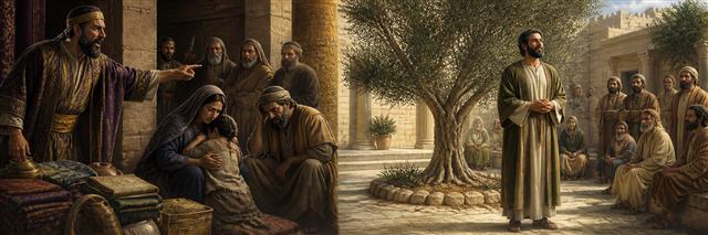 A boastful official threatens a family while a faithful man stands beside a green olive tree