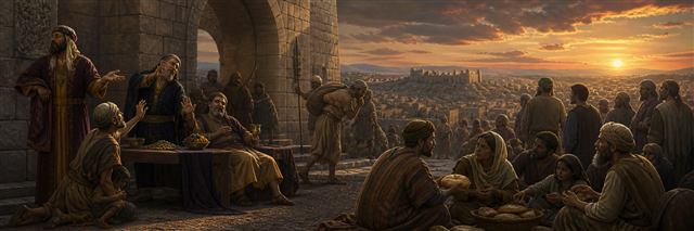 Corrupt leaders feast at a city gate while humble families share bread and look toward Zion