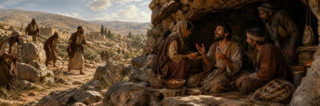 A fugitive prays from a rocky shelter as loyal companions bring food and strangers search outside
