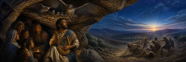 Fugitives rest beneath nesting birds as a musician tunes his harp and enemies struggle in their net
