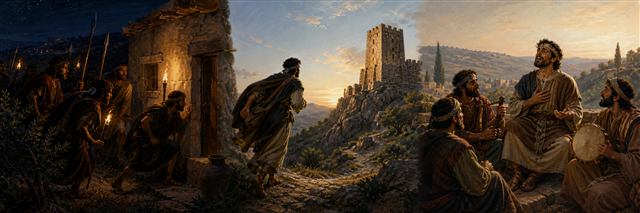Hostile guards watch a house at night as a fugitive reaches a tower and musicians sing at sunrise