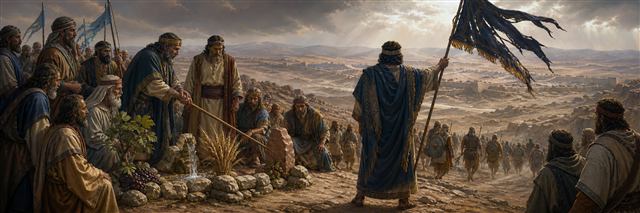Leaders examine cracked earth and regional harvest symbols as a community raises a torn banner