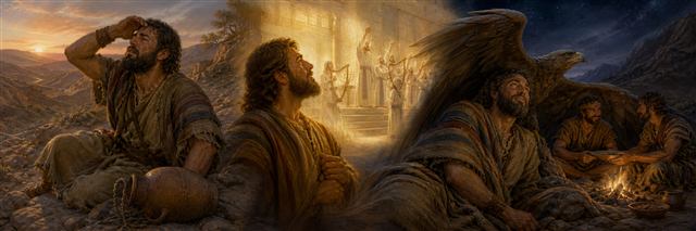 A wilderness traveler reaches for water while remembering sanctuary worship and resting safely by night