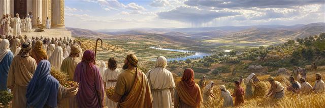 Worshipers gather near the sanctuary as rain revives fields, streams, grain, and grazing flocks