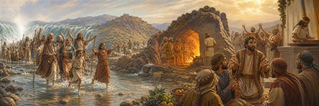 A community crosses dry waterbeds and refining fire before entering an abundant place with offerings