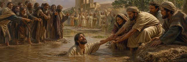 A weary man sinks into muddy water as helpers reach toward him and poor worshipers wait nearby