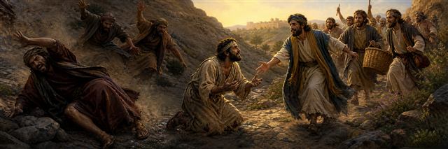 A vulnerable traveler cries urgently while hostile pursuers falter and friends rush to provide aid