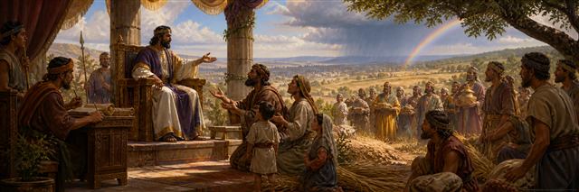 A king listens to vulnerable families as nations bring gifts and rain brightens abundant fields