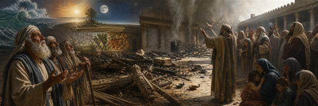 A community prays among the burned sanctuary ruins while sea, sun, moon, and seasons fill the horizon