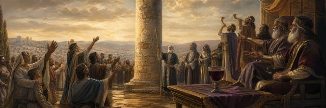 Humble worshipers rejoice beside a steady pillar while proud rulers face a dark cup of judgment