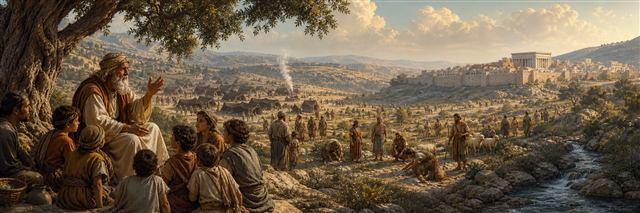 An elder teaches gathered children while families, shepherds, tents, and Jerusalem extend across the valley