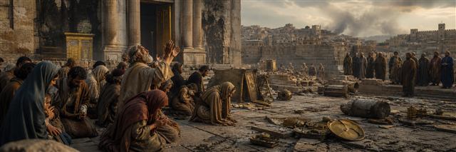 Grieving families kneel among overturned sanctuary vessels and smoke-darkened walls after invasion