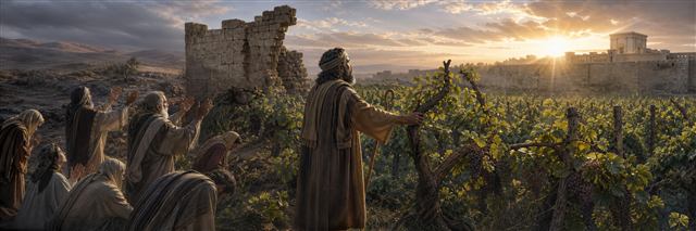 Worshipers pray beside a breached vineyard wall as healthy vines reach toward the sunlit sanctuary