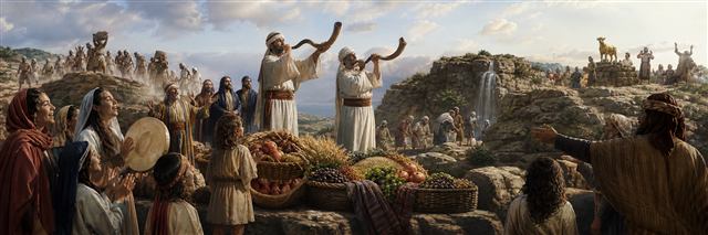 Priests sound ram's horns over harvest baskets while worshipers gather and a distant idol stands abandoned