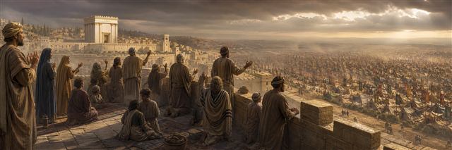 Families and elders pray from Jerusalem's wall as countless hostile tents and banners fill the valley